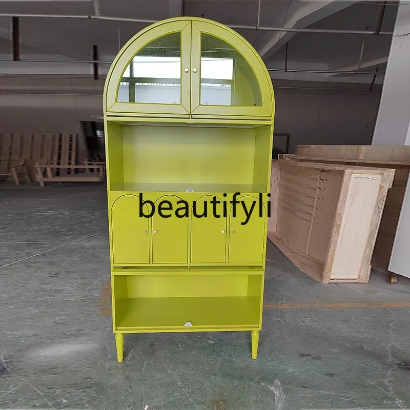 

American Style Solid Wood Bookshelf Light Luxury Floor Wine Cabinet Sideboard Vintage Arched Decorative Cabinet