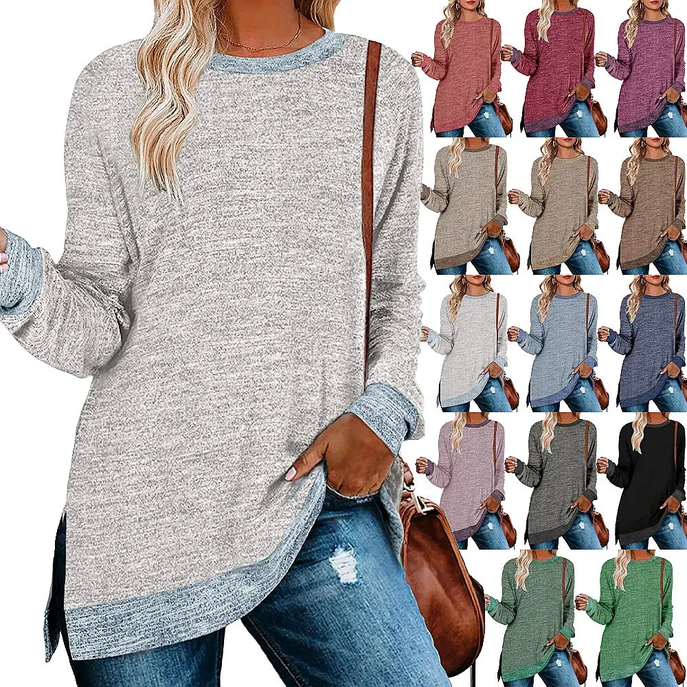 Women's Round Neck Color Block Top Loose Casual Pullover Tee Shirt Blouse Tops