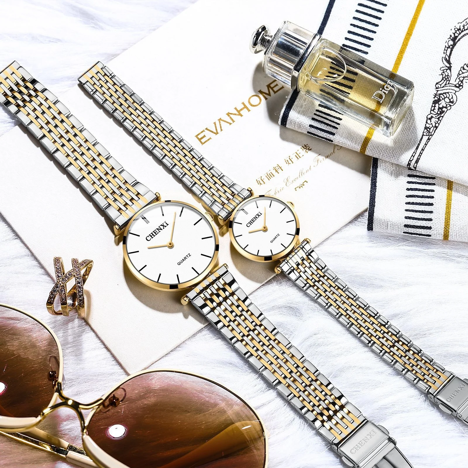 CHENXI 072A Couple Watches Steel Luxury Waterproof Date Quartz Sport Casual Business Quartz Wrist Watch Gift Clock Men and Women