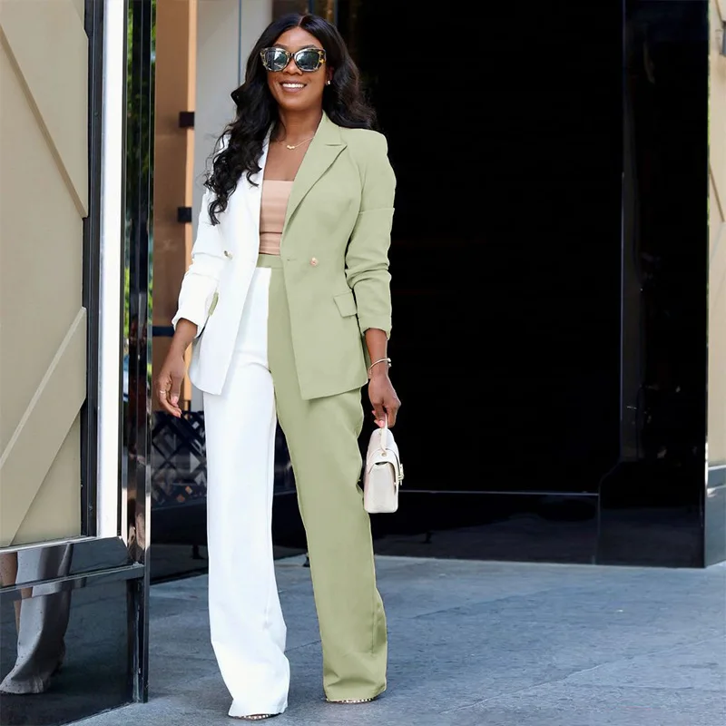 Conjunto elegante de oficina para mujer, chaqueta de talla grande, 2 piezas, Pantalón recto, vestido de graduación, color blanco