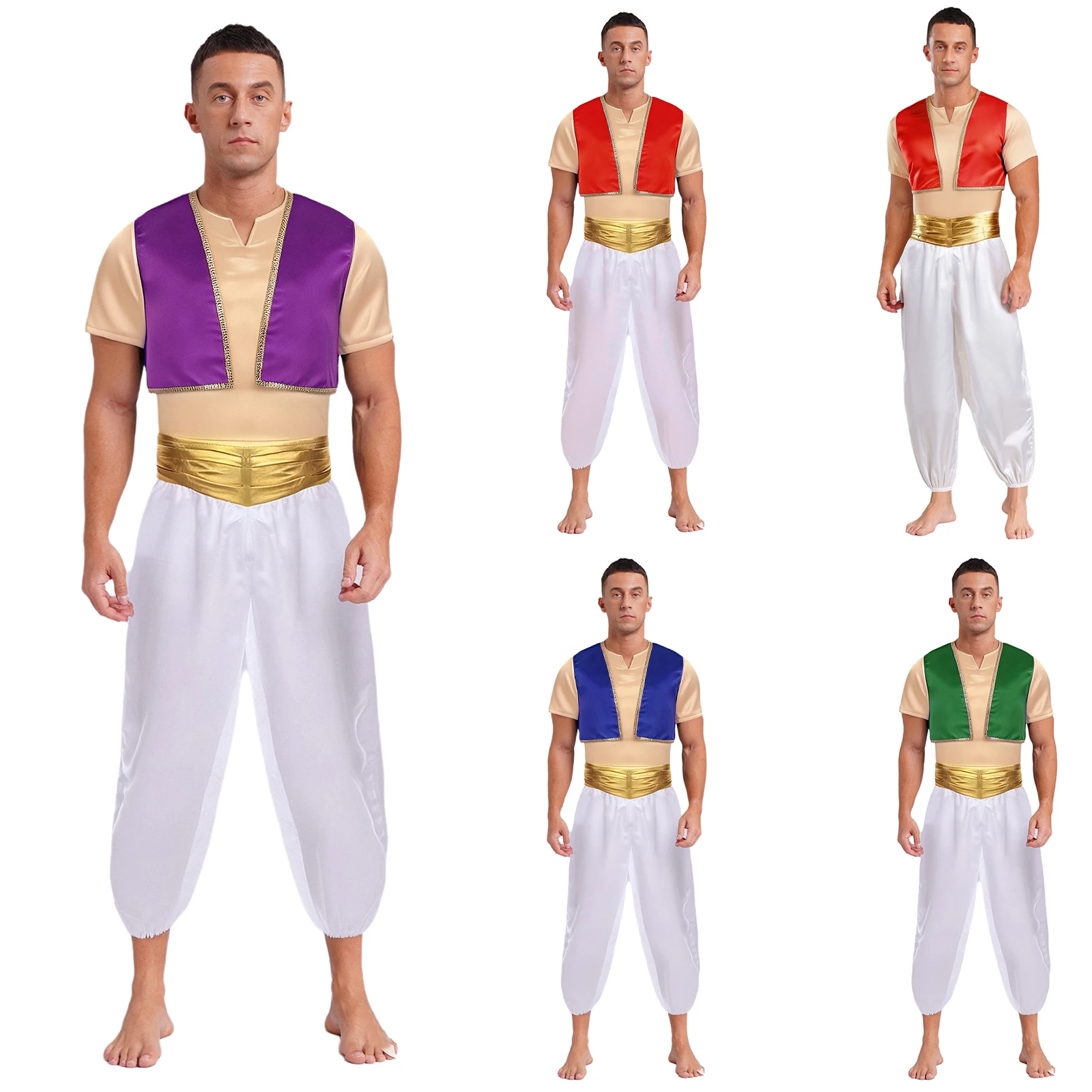 

Mens Arabian Costume Arabian Prince Cosplay Dress Up T-shirt Vest Pants Suits for Halloween Carnival Role Play Stage Performance