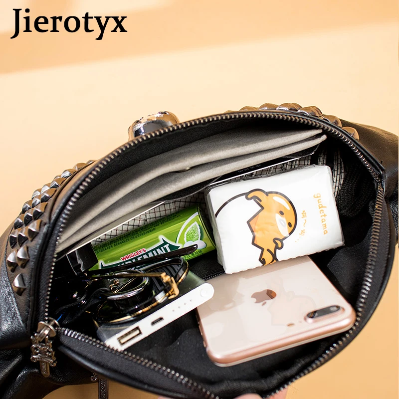 JIEROTYX Chest Bag for Women Crossbody Punk Style Rivet Skull Waist Bag Women Black Fanny Pack Leather Great Quality