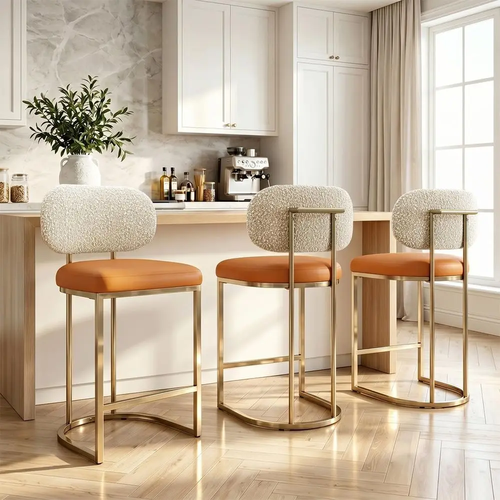 Set of 3 Brown Counter Height Bar Stools, 24.8 Seat with Bouclé Back and Gold Legs