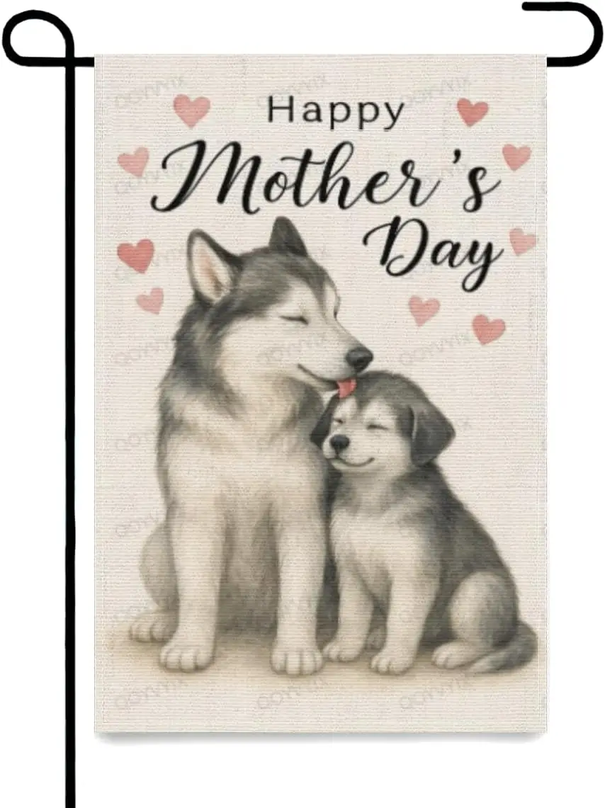 Bandera de jardín para el Día de la Madre, diseño de mamá husky con cachorro, decoración de jardín exterior de doble cara, bandera pequeña para jardín de 12x18 pulgadas, decoración para porche y césped ZZM