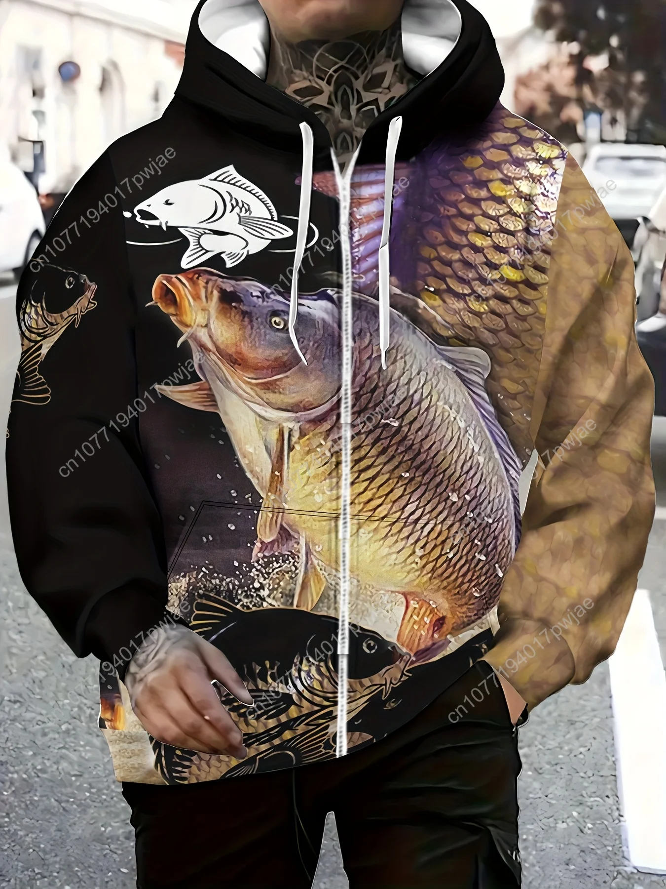 Giacca con cappuccio con zip e stampa termica da pesca da uomo / Cappotto caldo invernale a maniche lunghe con design a squame di pesce / Casual all'aperto durevole