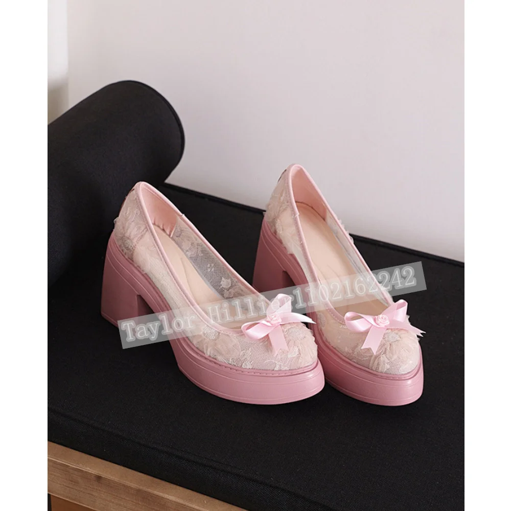 New Summer Pink Lace Mary Jane Shoes Women'S Breathable Bow Platform High Heels Elegant Chunky Heel Slip-On Lolita Pumps 10cm