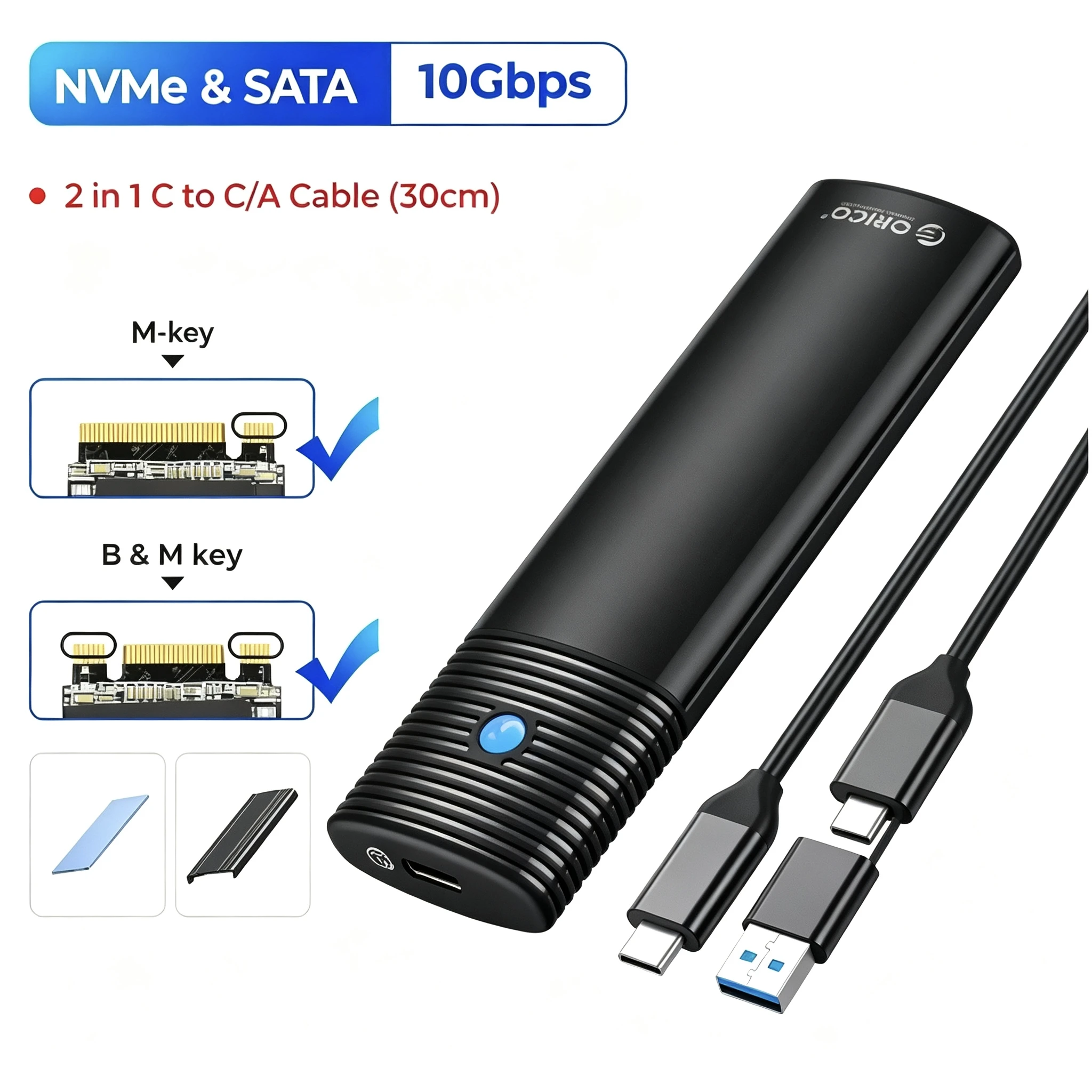 ORICO boîtier SSD M.2 NVMe & SATA, adaptateur externe USB-C 3.2 Gen2 10Gbps, portable en métal avec dissipateur thermique