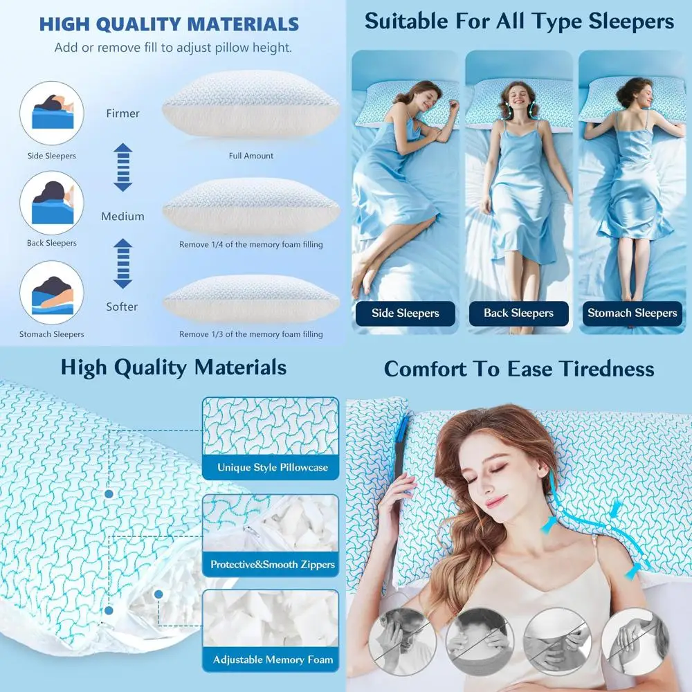 

Queen Size Memory Foam Pillow Set - 4 Cooling Adjustable Pillows for Side, Back, Stomach Sleepers with Washable Cover