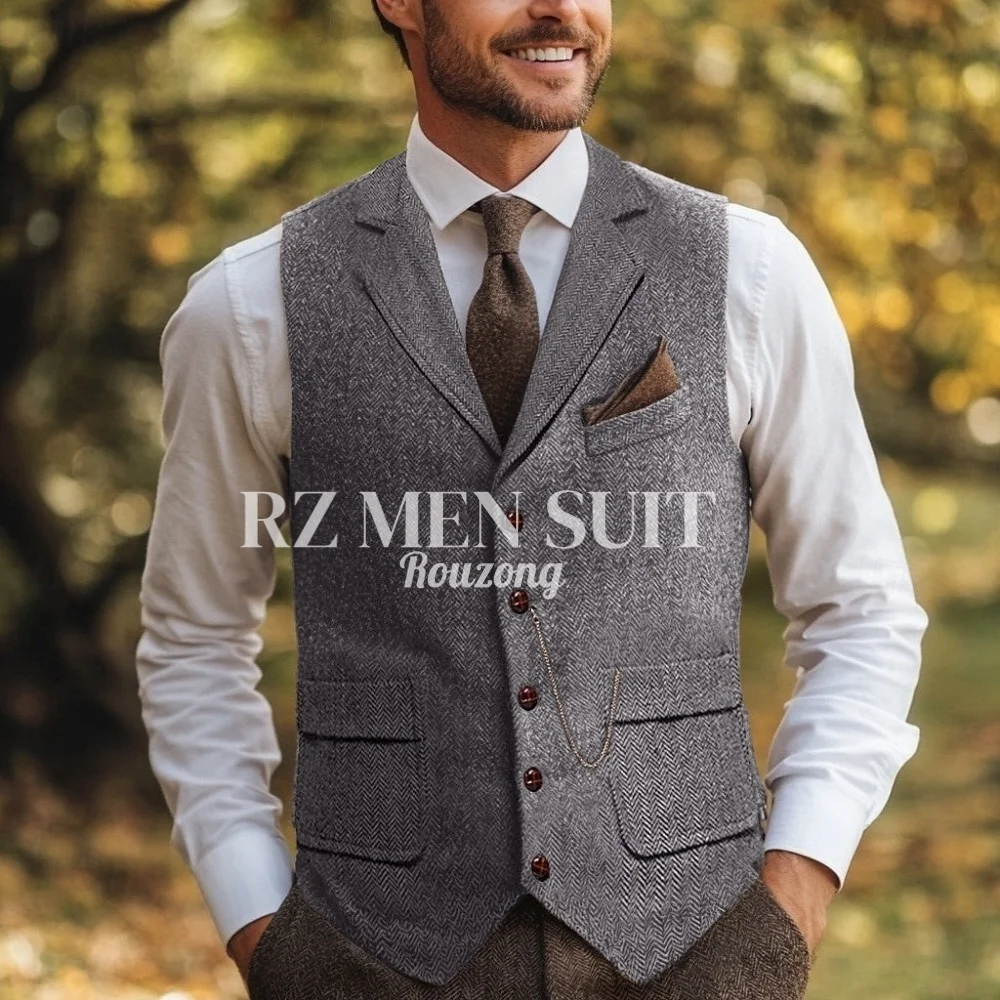 Fotografia 4: Colete Masculino de Tweed com Estampa Chevron, Ajuste Padrão, Lapela Notch, Abotoamento Simples com Cinco Botões