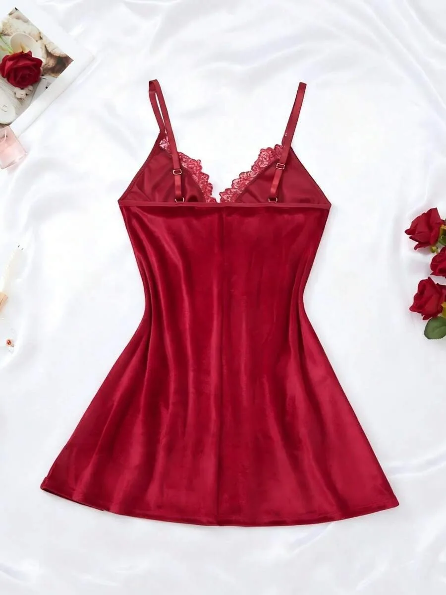 Korean Style Diamond Velvet Slip Dress Women, Deep V Lace Trim Bow Nightgown With Side Slit, Sexy 2-Wear Sleep Lingerie