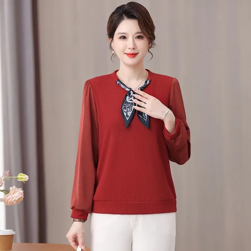 Women Mom Autumn Blouse Scarf Collar Splice Chiffon Long Sleeve Thin Knit T Shirt Top For Middle Aged Ladies