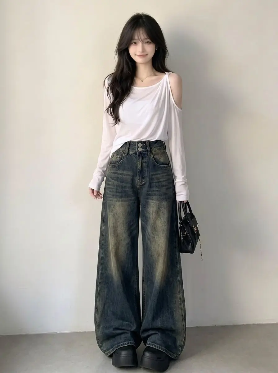 High Waist Wide Leg Double Buckle Floor-Length Women's Jeans Street Fashion Spring Autumn Design Slimming Effect