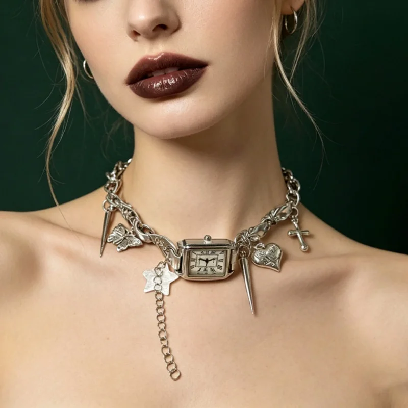 Vintage Silver Roman Square Watch Multi Charms Spike Butterfly Star Cross Heart Curb Choker Necklace for Women Gothic Y2K Punk S