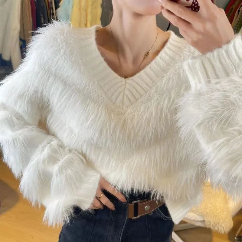 Fluffy Sweater Women Knitted Pullover Faux Mink Sweater Korean Fashion Loose Tops Kawaii Clothing Long Sleeve Y2k Clothes