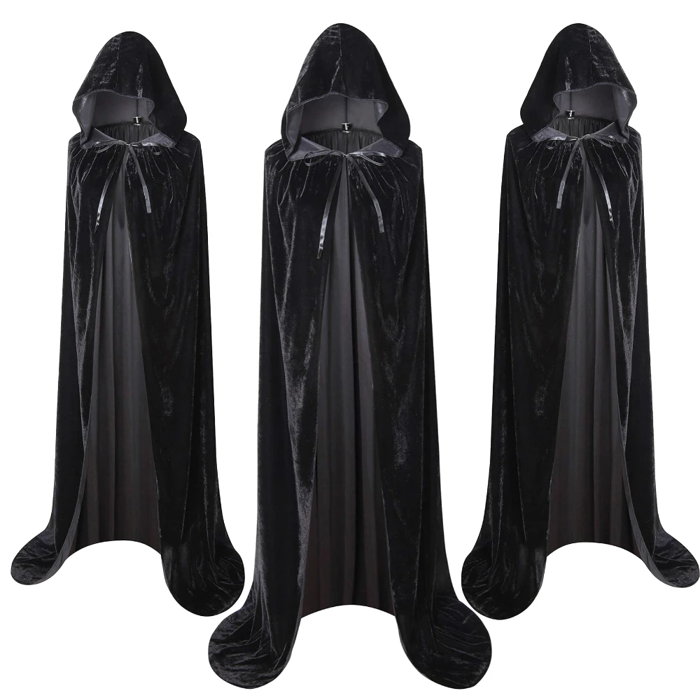 Halloween Cloak Velvet Unisex Hooded Black Robe Witch Long Cape Cosplay Costume Prop Party Performance Supplies Holiday Decorati