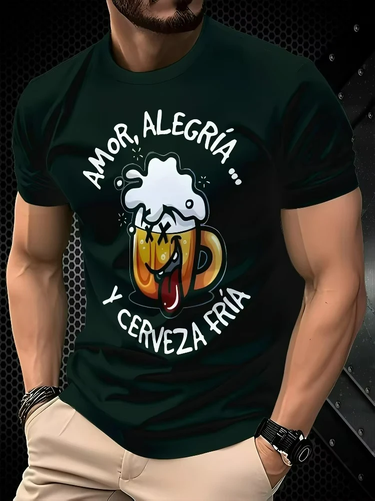 Men's casual cotton short-sleeved T-shirt with beer mug pattern and Spanish print -O-neck summer T-shirt.