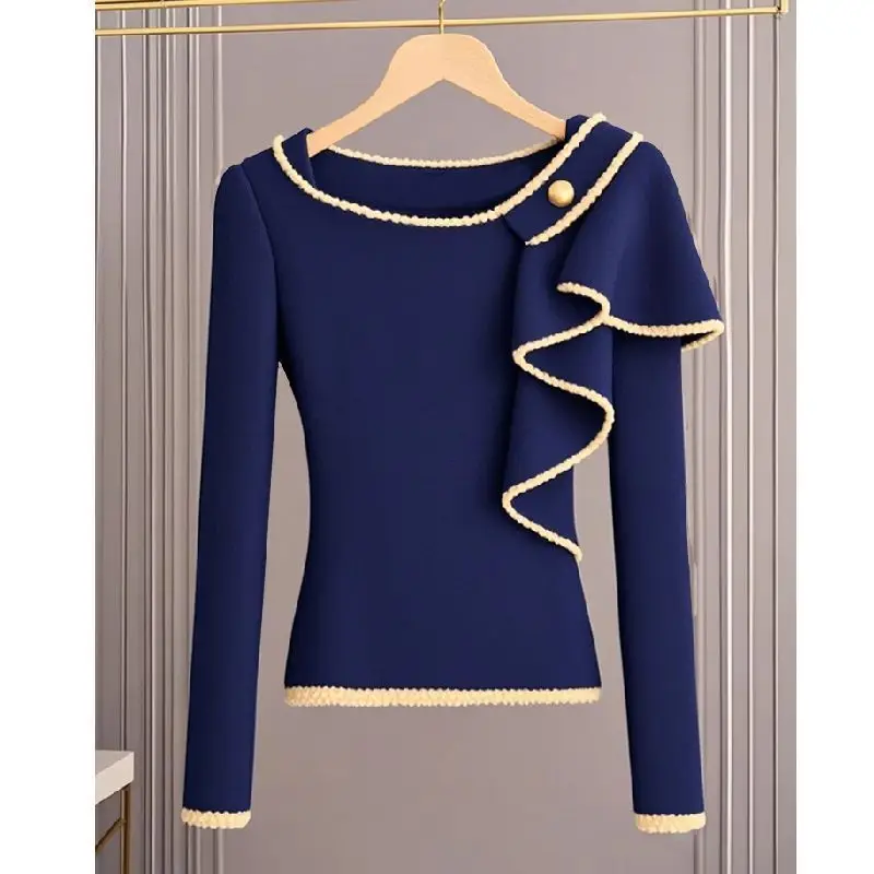 

2025 Spring Autumn Women's Sweater French Knitwear New Fashion Loose Casual Pure Colour Blue Pullover Outerwear Female E11243