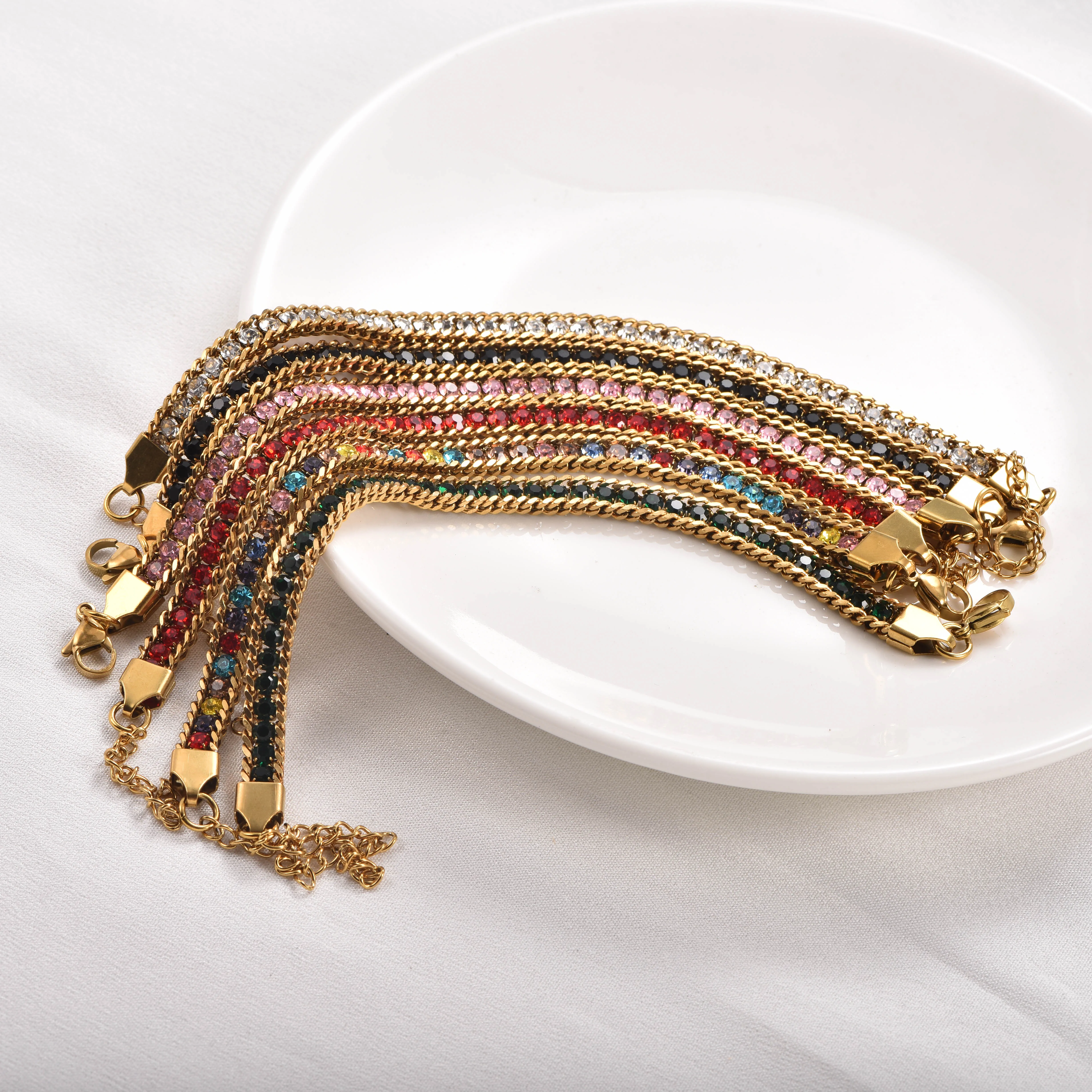 Edelstahl-Strass-Kubaner-Kettenarmband für Damen und Herren, Buntes Kristall-Verstellbares Gliederarmband, Modisches Schmuckgeschenk – Detail 7