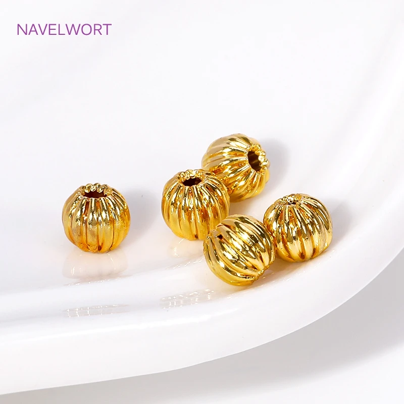 50pcs/Lot Brass 18K Gold Plated Pumpkin Spacer Beads DIY Bracelet Necklace Making Supplies Round Stripe Beads DIY Accessories