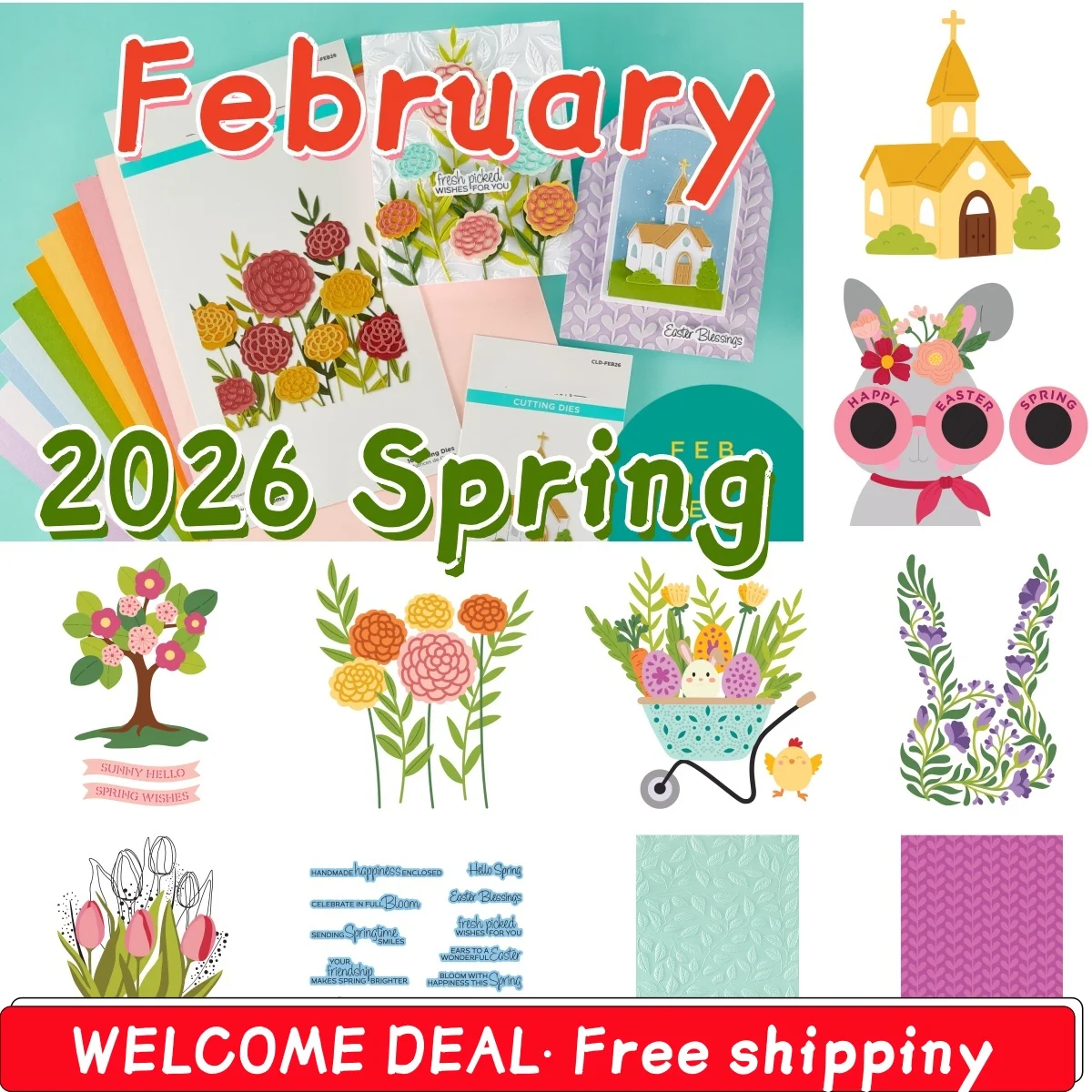 

February 2026 Spring Metal Cutting Dies Clear Stamps Stencil Hot Foil For DIY Scrapbook Craft Decoration Embossing Template