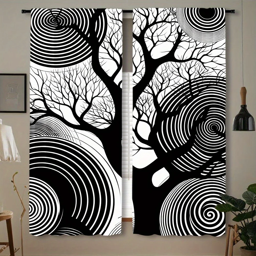 Black White Swirl Bare Tree Curtain 2 Panels Abstract Circle Branch Silhouette Contrast Master Bedroom Curtain Minimalist Art