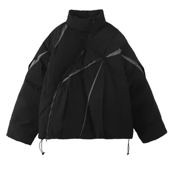 פרקה גדולה לחורף לגברים ונשים עם פאצ'וורק מרופד, כותנה, סגנון קוריאני, צווארון עומד, רוכסן, מעיל עבה, ביגוד חיצוני