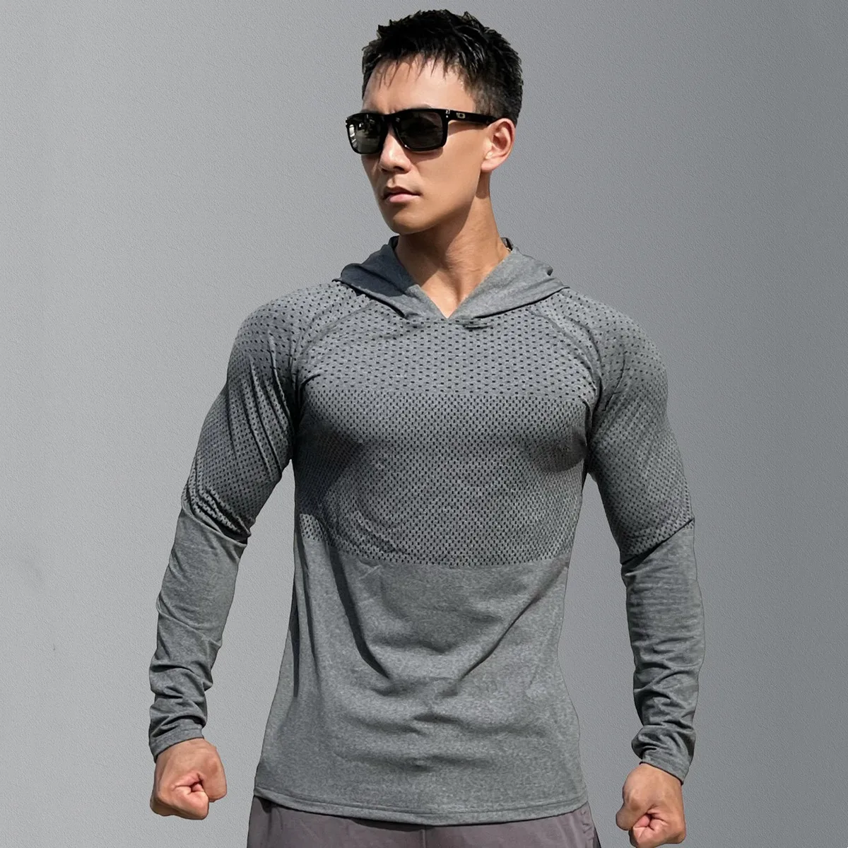 Men Autumn Long Sleeve Shirts Gym Fitness Training Hooded Tee Tops Sportswear Male Running Sport Clothing Quick Dry Slim T-shirt