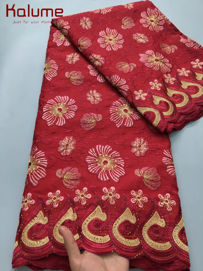 

Kalume African Cotton Lace Fabric Latest 5Yards Swiss Cotton With Crystal And Embroidery For Women Wedding Party Dresses F4210