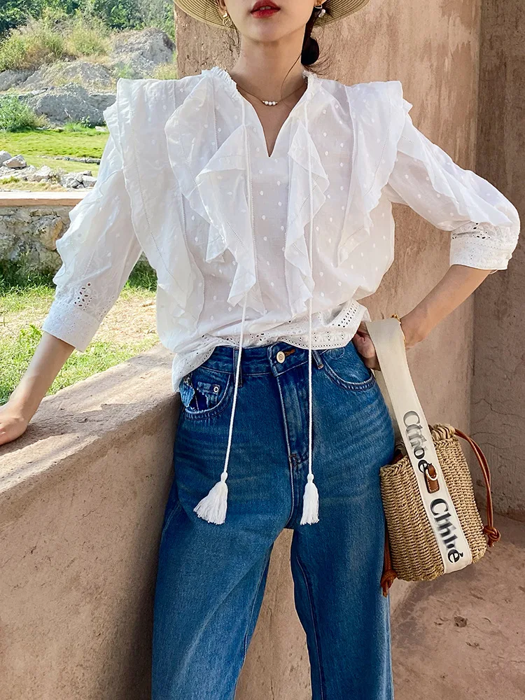 

GypsyLady Elegant French Chic Blouse Shirt Ruffle Cotton V-neck Tassels Lace Up Spring Summer Women Blouse Boho Ladies Top Shirt