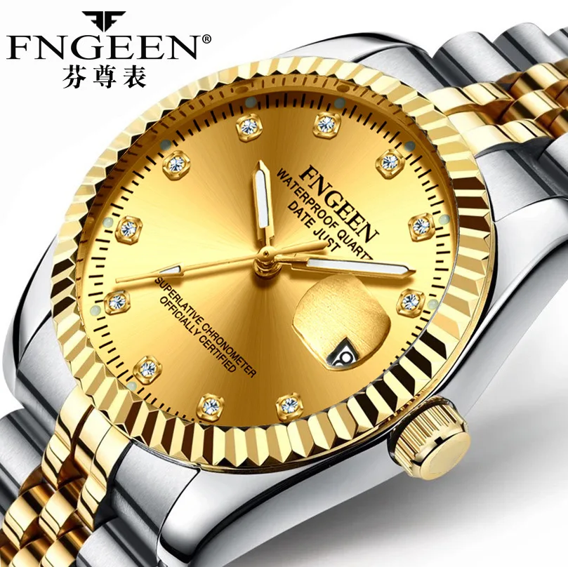 Fngeen Koppel Luxe Gouden Klok Met Diamanten Vrouwen Kalenderdatum Rond Quartz Waterdichte Horloges Relogio Feminino