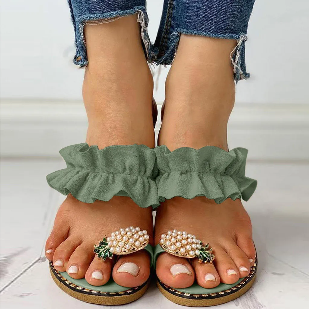 2022 Women Slipper Pineapple Pearl Flat Toe Bohemian Summer Beach Sandals Ladies Shoes plus size Mujer Verano