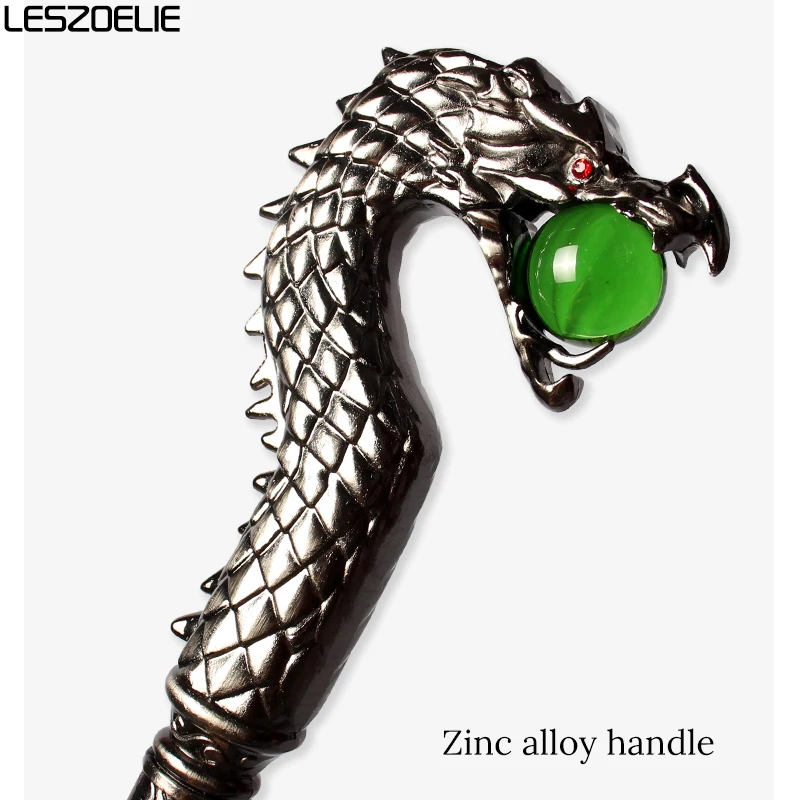 عصا المشي الرجالية الفاخرة برأس التنين الفضي مع كرة كريستال خضراء زمردية للنساء لحفلات الهالوين العصرية #4