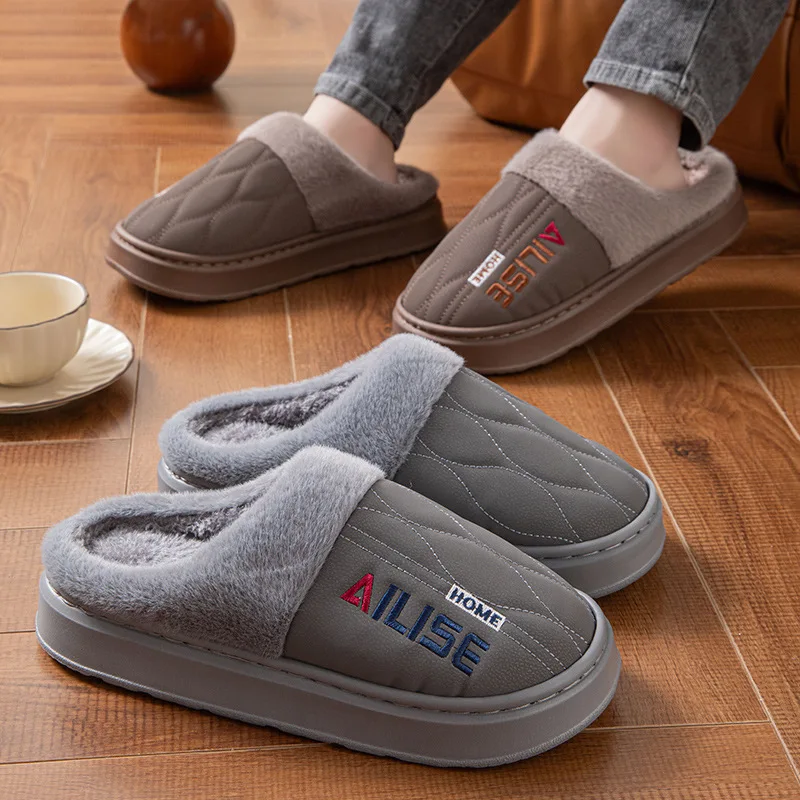 Mens Waterproof Slippers Big Size Winter Plush Thick Sole Non Slip Outdoor Wear Fleece Lined Warm House Shoes Cozy Home Slip On