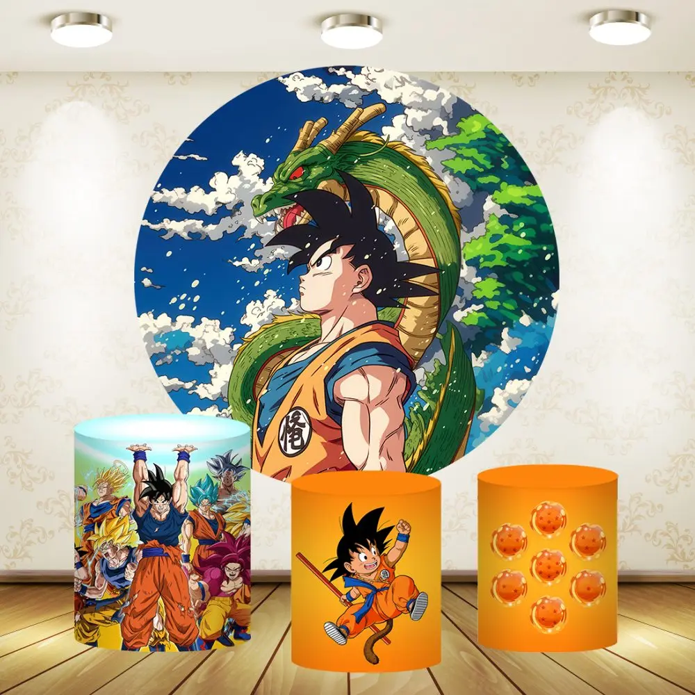 Round Backdrop Cover Goku Dragon Ball Birthday Party Banner Background Baby Shower Photobooth Banner Polyester Cylinder Covers