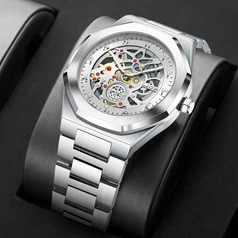 

LIGE Classic Luxury New Octagonal Design Quartz Man Watch Stainless Steel Band Hollow Out Waterproof Clock Watches for Men Gifts