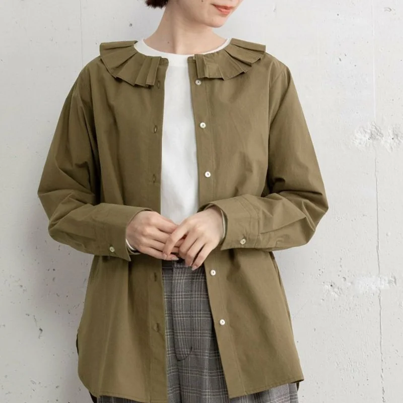 

Japanese Sle Long Sve Pure Cotton Pleated Doll Collar Sweet Anti-Aging Slimming Versatile Women's irt Autumn New Arrival