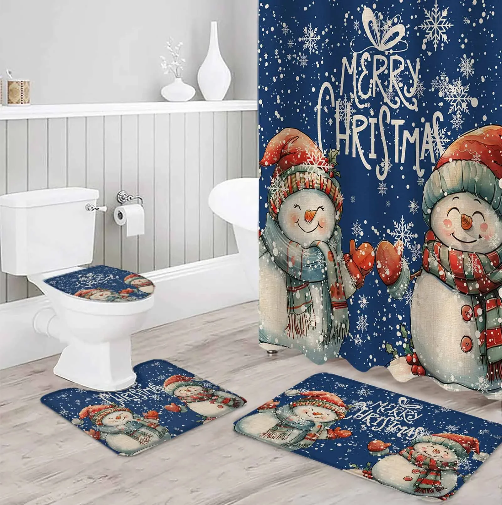 Vintage Snowman Polyester printed shower curtain bathroom set luxurious curtainsabstract 4-piece setcoral fleece floor mat