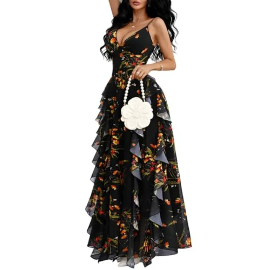 

GothDark Spaghetti Strap Dresses for Women Mesh Floral V Neck Flowy Ruffle Hem Wedding Guest Beach Sexy Summer Dress