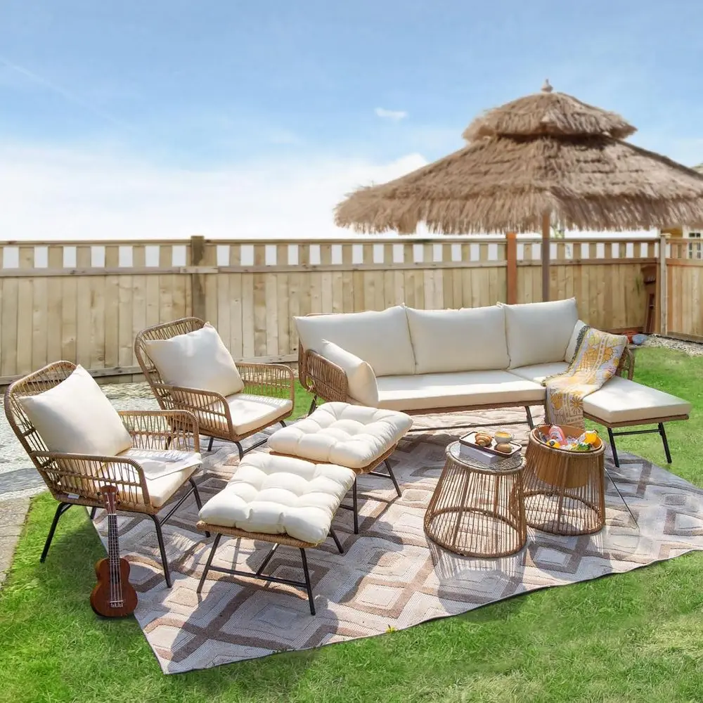 

Богемный комплект садовой мебели из ротанга, 8 предметов, угловой диван L-образной формы с креслом и пуфиком, устойчивый к атмосферным воздействиям, бежевый, подходит для