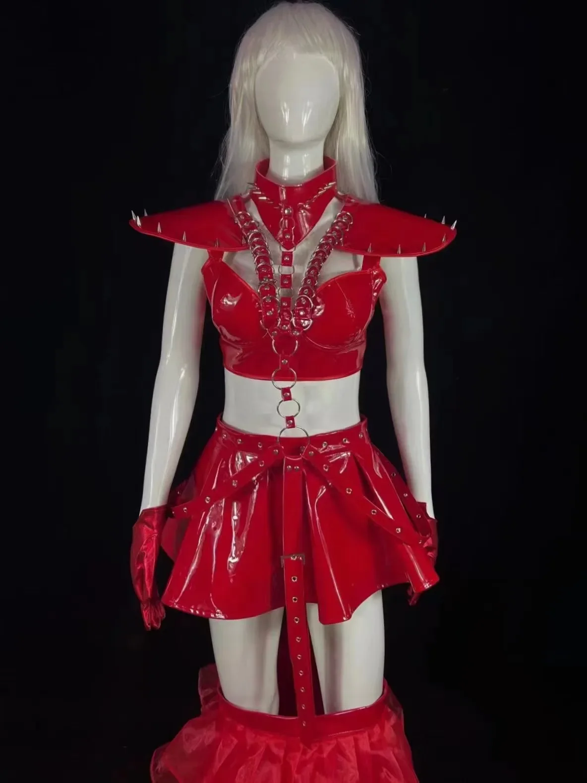 عرض زي فتاة فاخر للحفلات الزي الأحمر بولي Leader زعيم الليزر ارتداءها بار برشام مكدسة تنورة تنحنح ملهى ليلي سحب الملكة الهذيان الزي L #6