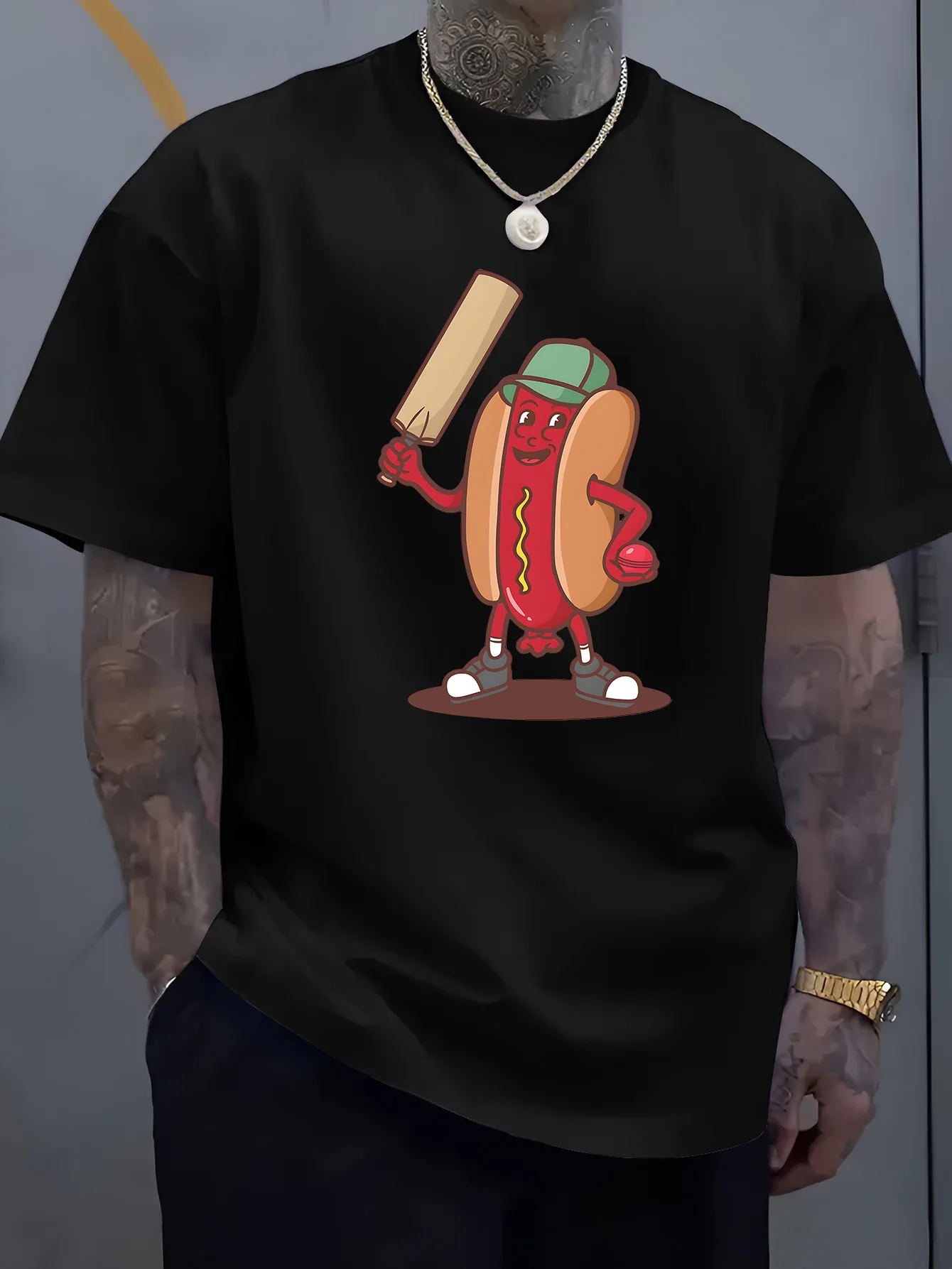 New Men Purple Crew Neck Tee Funny Cartoon Hot Dog Character Hold Cricket Bat and Ball Sport Food Hybrid Soft Cotton Male Tops