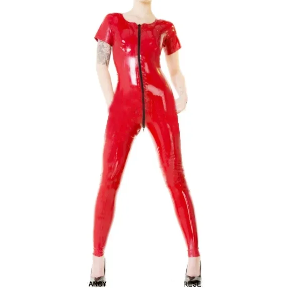

Красный сексуальный латексный комбинезон с молнией в промежности и резиновый комбинезон с короткими рукавами Клубная одежда Комбинезон боди