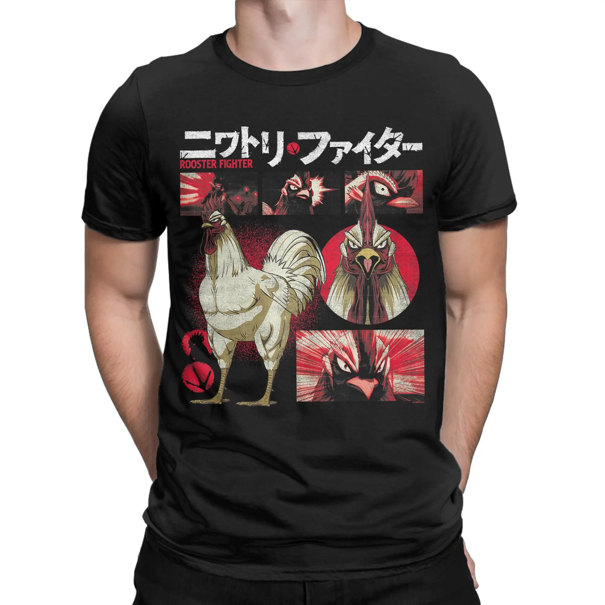 Rooster Fighter Keiji Collage Red Tone Action Anime T Shirt Men Cotton T-Shirt O Neck  Tees Short Sleeve Clothes Gift Idea