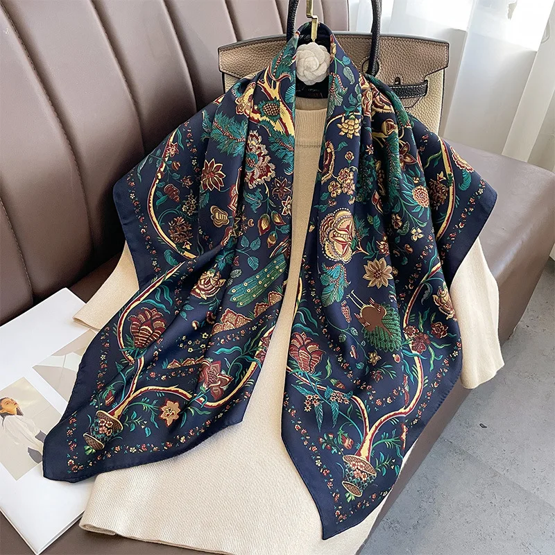 Fashion Luxury Printing 90*90CM Women Scarf Muslim Hijab Satin Twill Square Big Shawl Wrap Headscarf Neck Tie Bandana