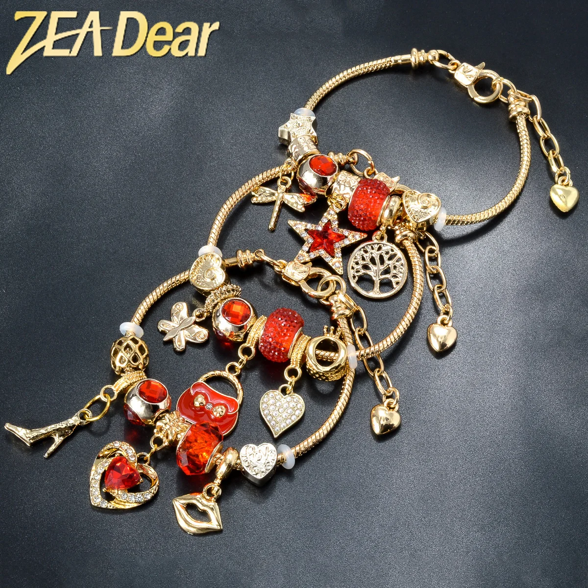 

ZEADear Jewelry Stainless Steel Snake Chain Bracelet Pandora Bracelets Red Star Zircon Bag DIY Charms Hand Jewellery For Women