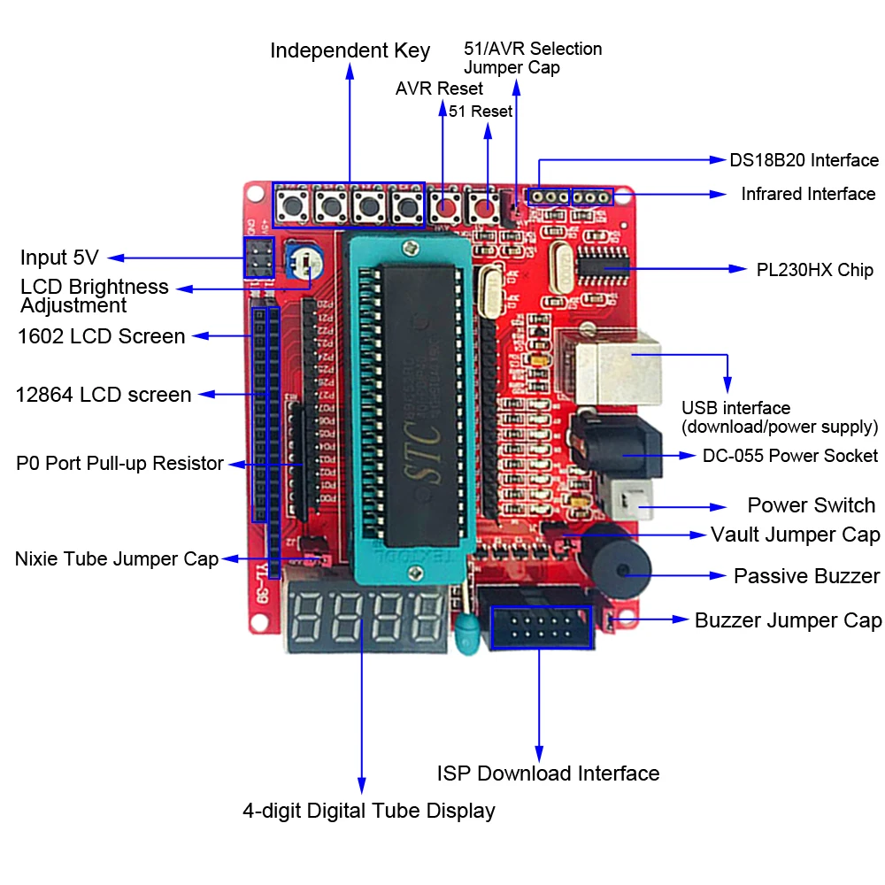 8051 Development Board STC89C52 Industrial Grade Microcontroller C51 USB Programmable MCU Controller System Board LED Marquee