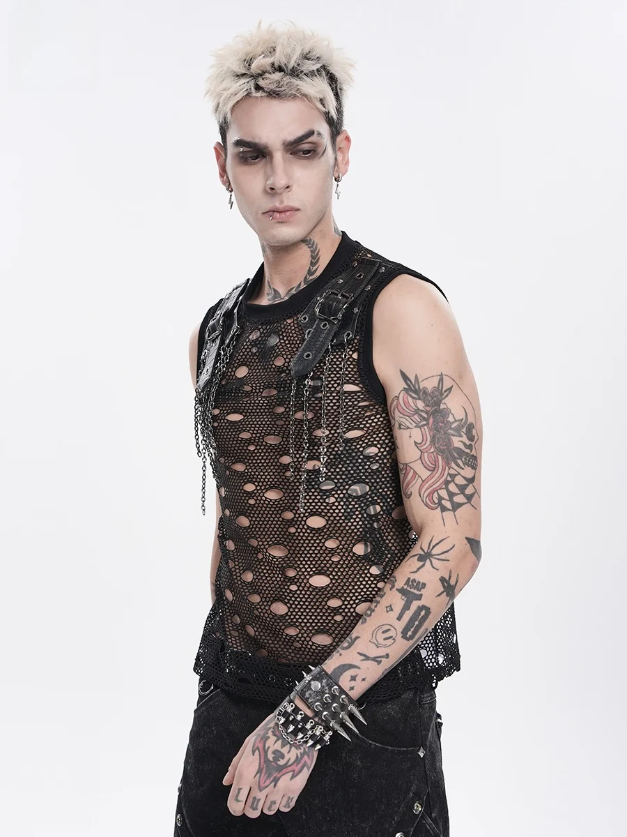 Punk Style Devil Fashion T-Shirt Hollow out round Neck Sleeveless Mesh Top Dry Fast Nylon Polyester Cotton Spandex Leather