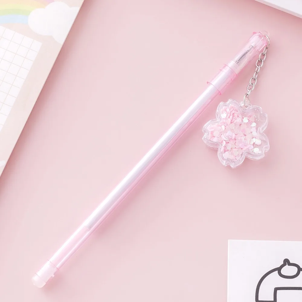 1Pc Cute Sakura Pendant Gel Pen Black 0.5mm Signature Pen Pink Flower Pendant Girl Gel Pen Students School Writing Supplies