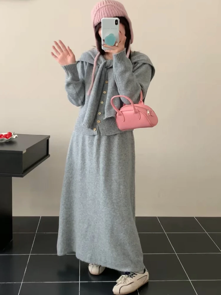 

Fall 2026 Versatile Pure Color Three-Piece Set Elegant Long Dress with Shawl Top Slimming Fashionable Women's Ensemble