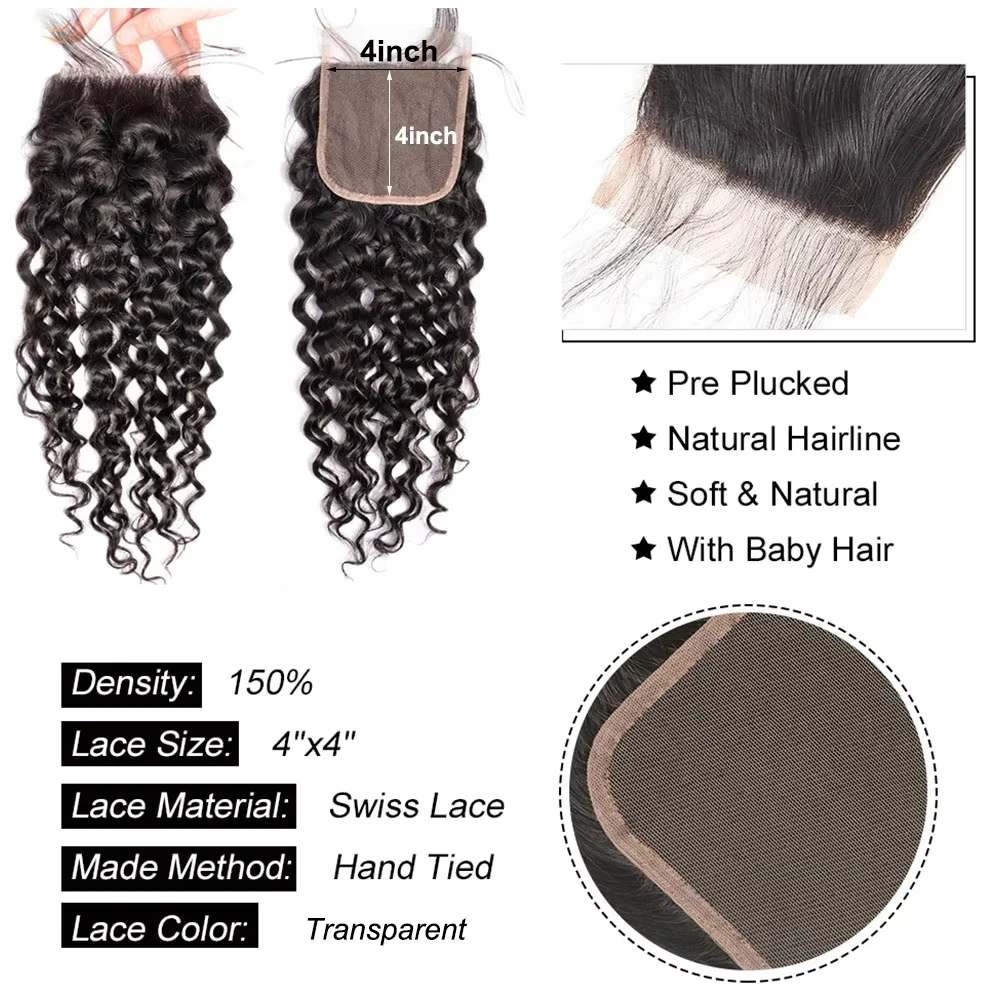 Water Wave 13x4 Lace Frontal Transparent Swiss 4×4 Closure Pre Plucked Brazilian Remy Human Hair For Black Women